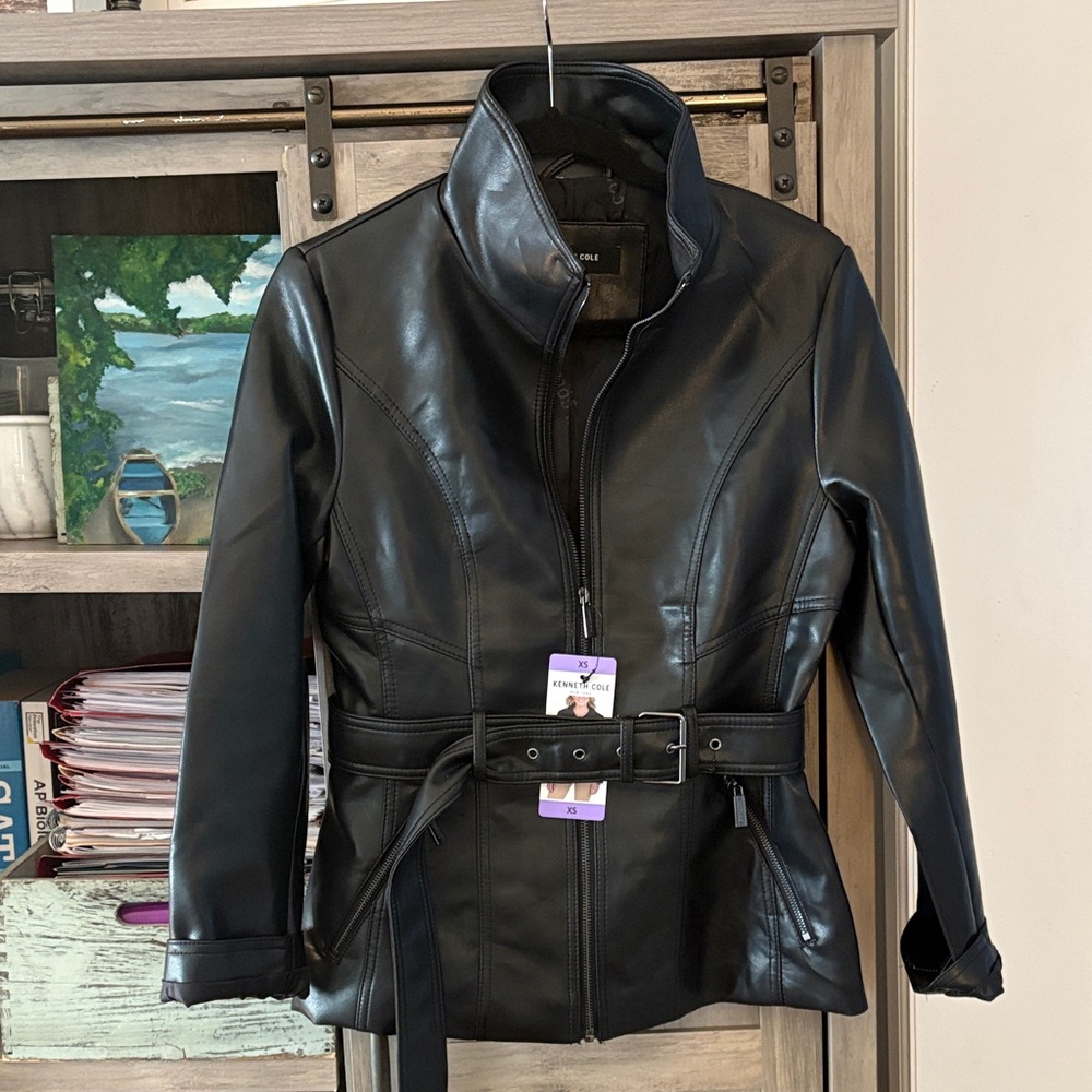Kenneth Cole Black Faux Leather Belted Jacket,XS,NWT